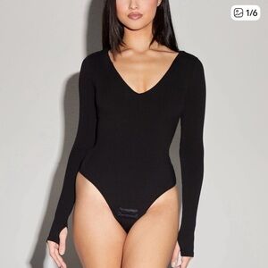 TA3 Black Plungey Long Sleeve Ribbed Bodysuit NWT